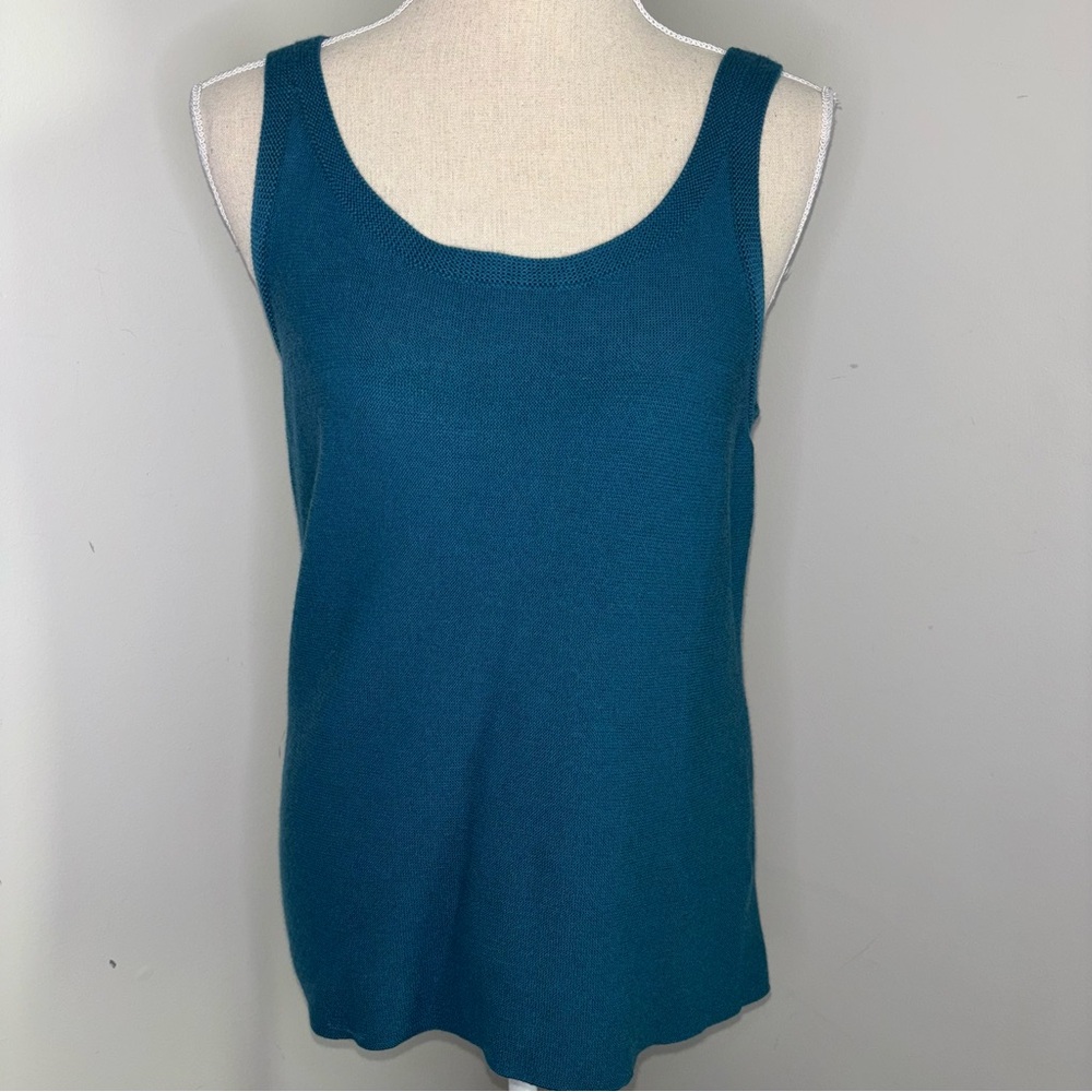 Eileen Fisher teal blue sleeveless merino wool knit tank sweater size Medium